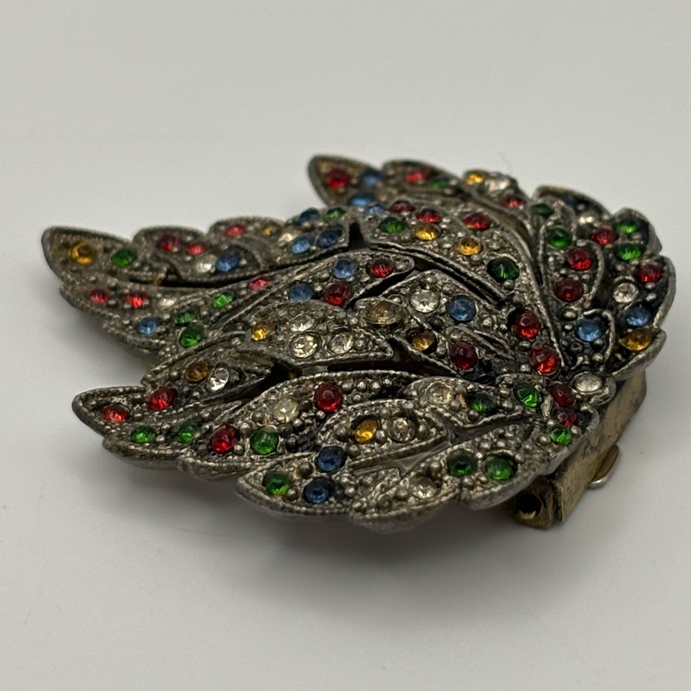 Vtg 1940s Retro Brooch Fur Clip Multi-Colour Rhinestone Leaf Spray - Picture 6 of 14